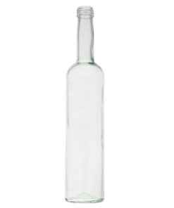Glassflaske ”Bordeaux” 500 ml klar MCA2. Slank og klar flaske som rommer en halv liter. Kan brukes til oljer, eddik, vinaigrette, cider, kuvertflasker, spesialbrus, øl med mer