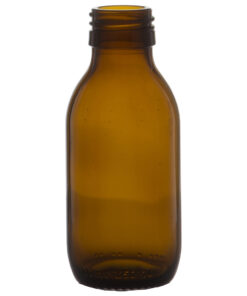 Glassflaske Med. 100 ml, 28 mm. Liten, brun medisinflaske som kan brukes til medisiner og urtedrikk, urtebrygg eller hvorfor ikke til snaps, drikkeprøver av juice eller noe lignende.